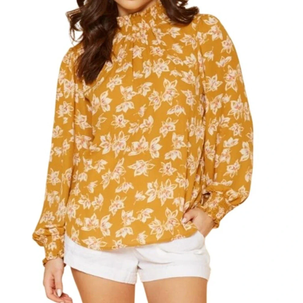 Pleione Top Womens Large Yellow White Floral Cottagecore Feminine Career Blouse